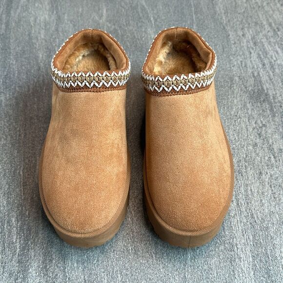 NEW Platform Slip On Clog Slippers Sherpa Faux Fur Lining Camel Brown Size 7 - Picture 2 of 13